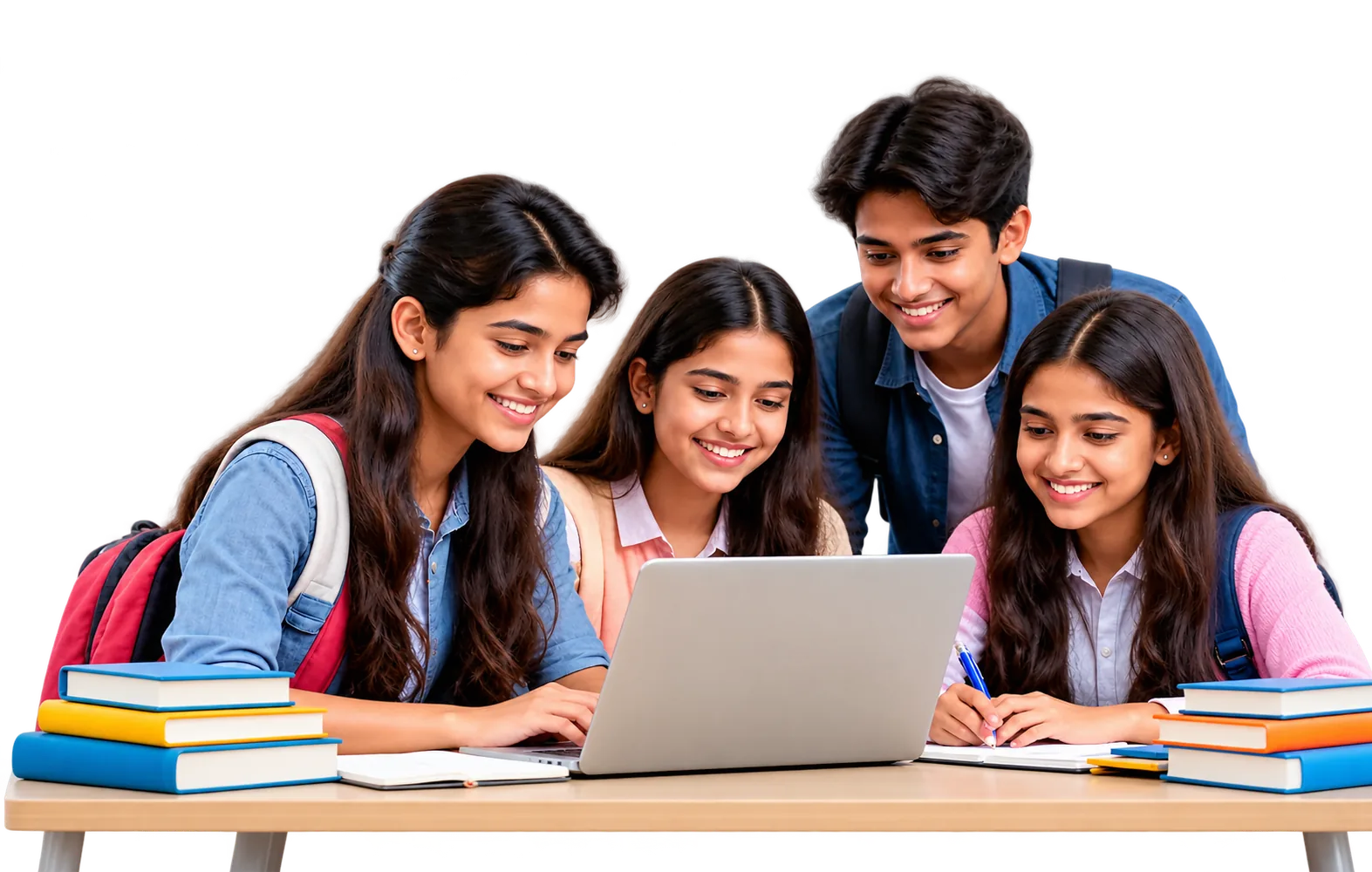 Students smiling together with educational illustrations