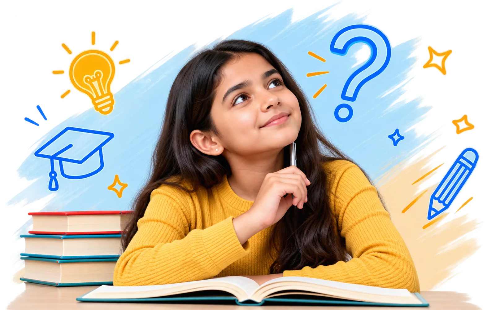Student exploring ideas with educational illustrations